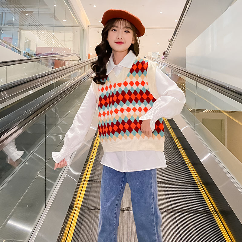 10 to 12 years Girls Argyle Sweater Vest Teen Girls Spring Autumn Tops