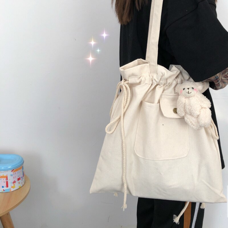 Indkøbstasker kvinder plaid snøre afslappet justerbar stor kapacitet ins søde studerende shopper canvas taske enkel koreansk stil