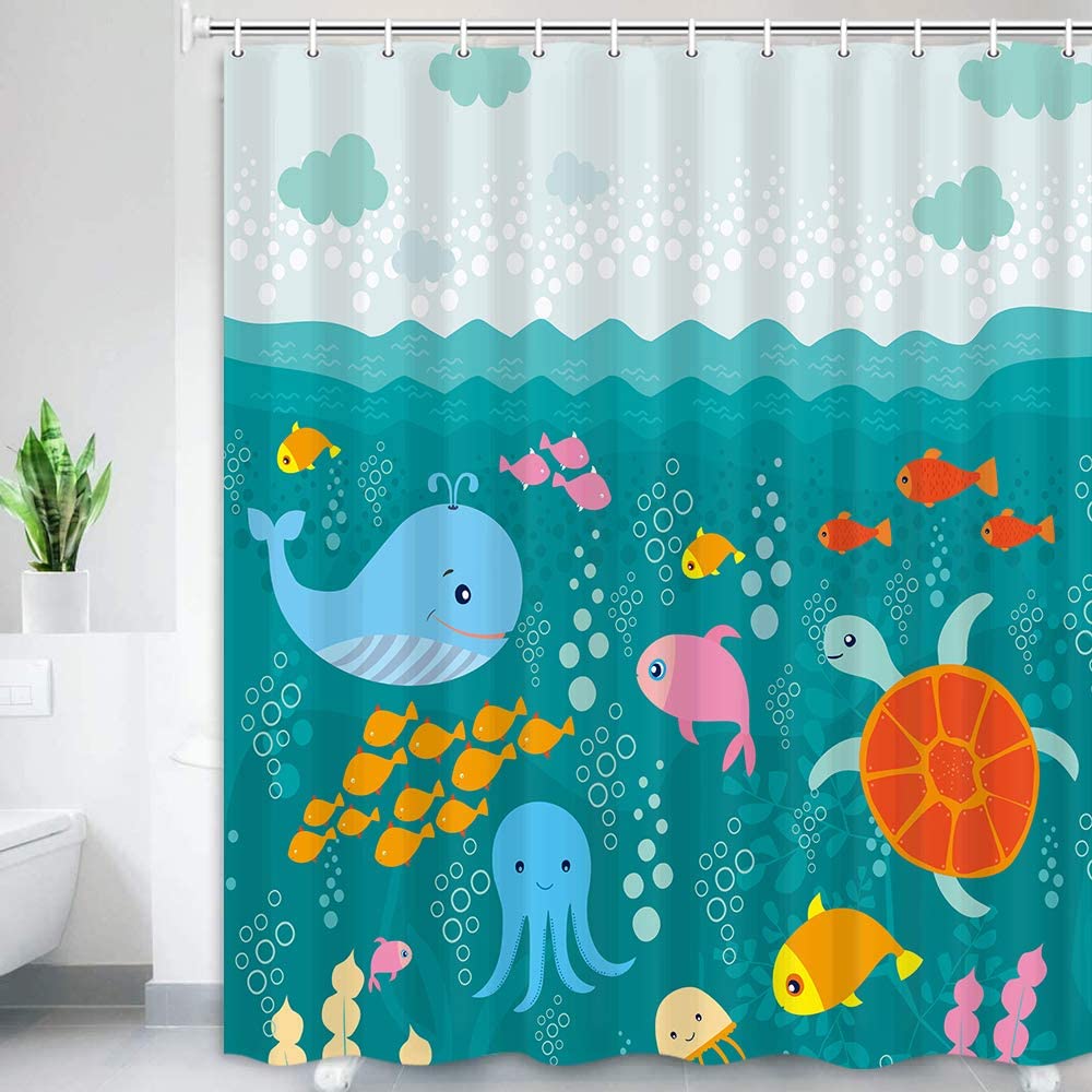 Tenda da doccia per bambini Teal Cartoon Cute Whale Turtle Fish tessuto blu con ganci tende da bagno impermeabili in poliestere per bagno