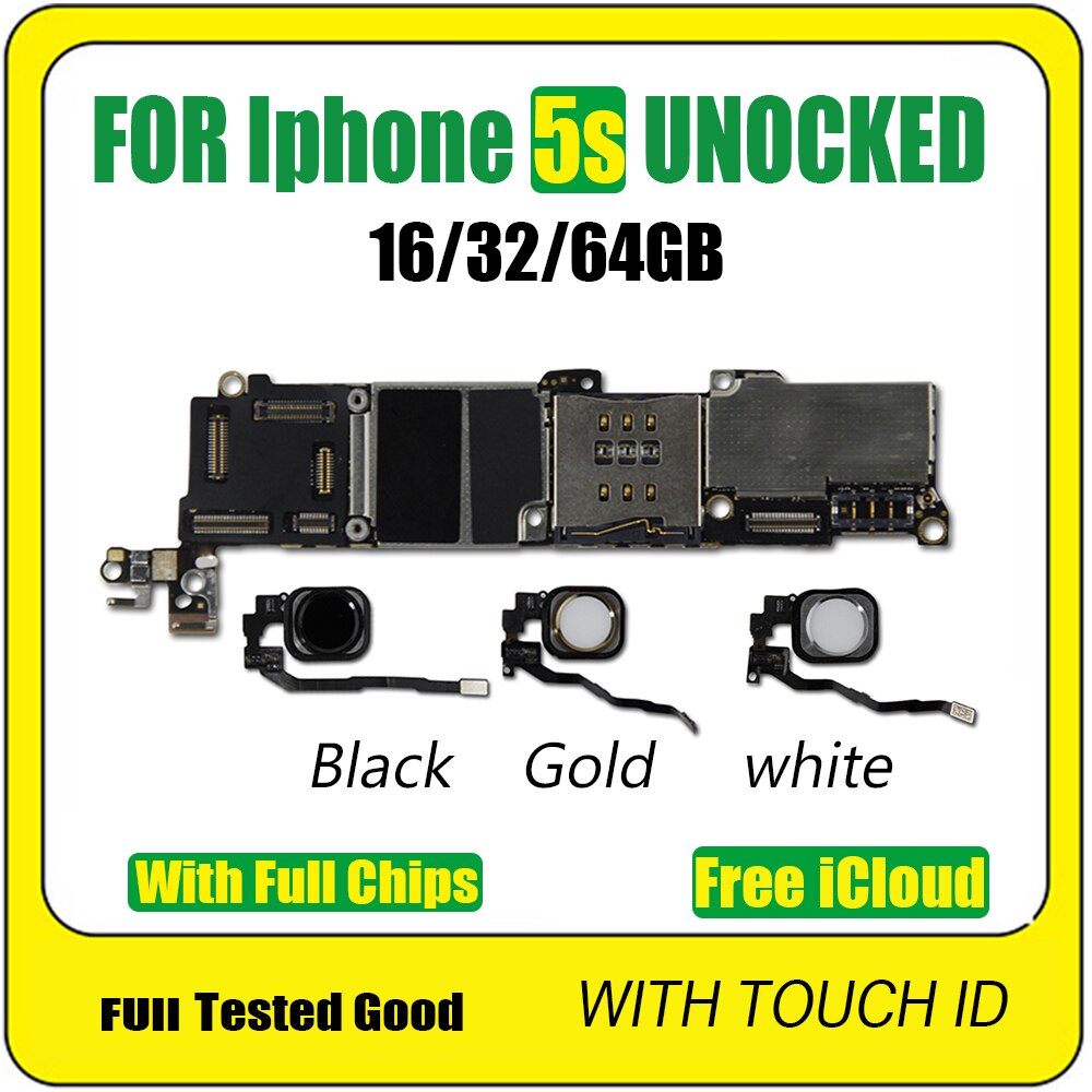 Full unlocked for iphone 5S Motherboard16GB/32GB/64GB,100% Original for iphone 5S Mainboard with/No Touch ID,Free iCloud