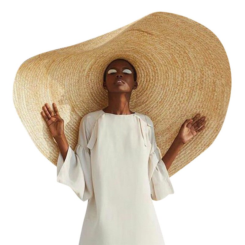 Kvinde stor solhat strandstråhat foldbar halmdæksel overdimensioneret sammenklappelig solskærm strandhat anti-uv: W h