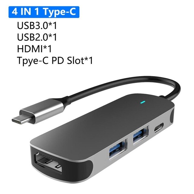 Type C Hub Usb 3.0 2.0 Multi Usb C Docking Station Laptop Switch Hdmi-Compatibel Voor Macbook Pro Air voor Notebook Laptop Telefoon: 4 IN 1 Hub Grey