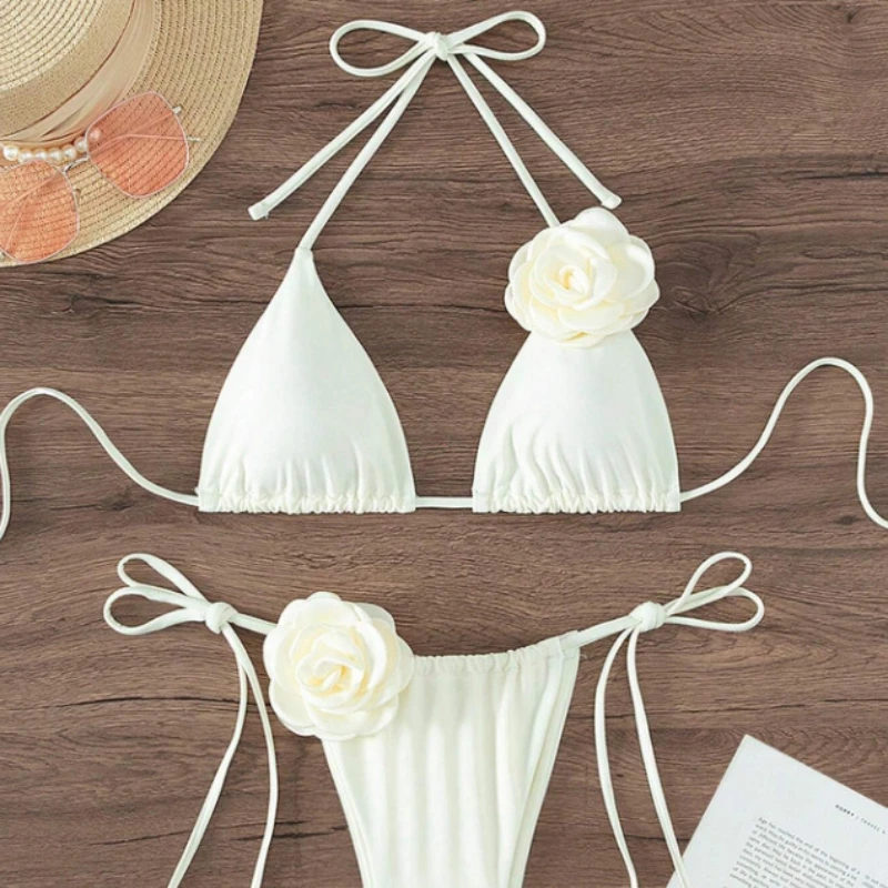 S - L Sexy 3D flores Halter Bikini con tiras mujeres traje de baño traje de baño femenino conjunto de Bikini de dos piezas bañista traje de baño nadar