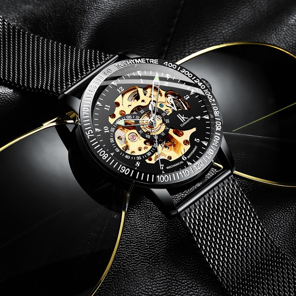 Ik färglägg herrklockor mesh flätat band i rostfritt stål automatisk mekanisk manlig klocka skelett steampunk relogio masculino