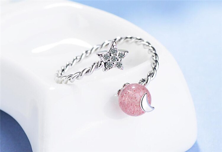 Estrella de la piedra lunar con apertura de corazón de fresa fresca, Plata de Ley 925, personalidad femenina, apertura de tamaño variable, anillos SRI209: Strawberry Crystal