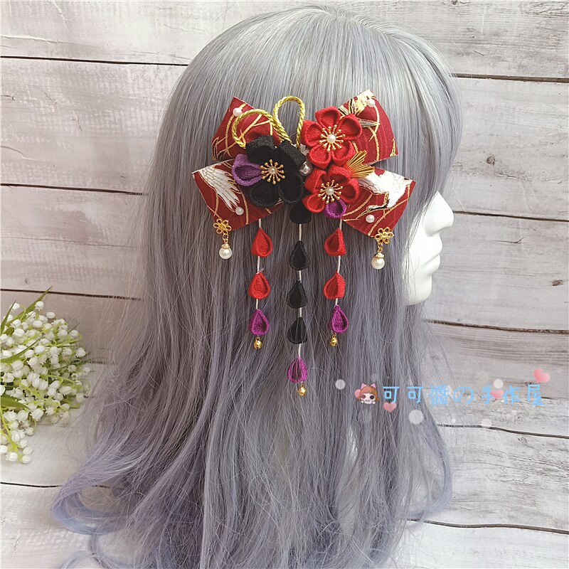 Lolita crane retur huvudbonad håraccessoarer hårband kc sidklämma kimonotillbehör i japansk stil blomma röd svart