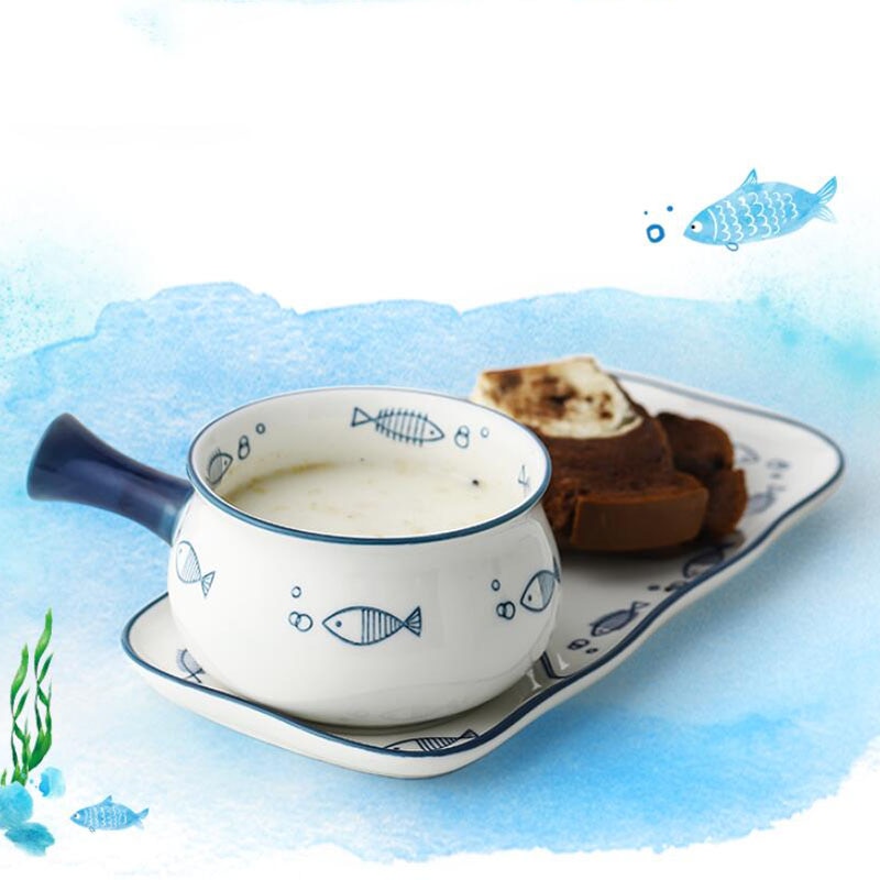Ceramic Plate Bowl Set Cute Fish Pattern Breakfast Tableware Cartoon Milk Cup Dessert Plate Creativity Japanese Bowl Dishes Set