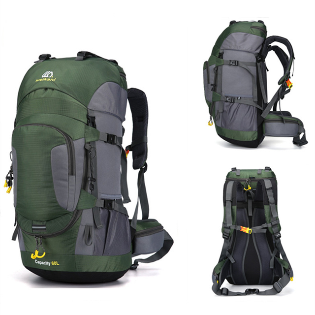 Mochila de 60 litros para deportes al aire libre, mochila de Camping, viaje, montañismo, senderismo, impermeable, cubierta de lluvia: GREEN