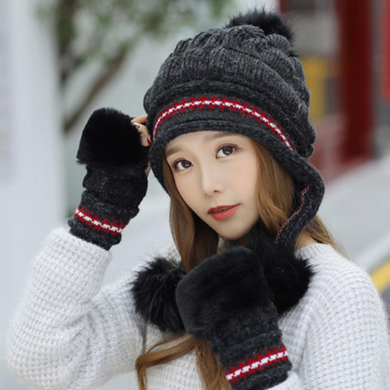 Women Winter Hat Gloves Set Warm Snow Hats Knitted Caps and Gloves Xmas hats for women: black