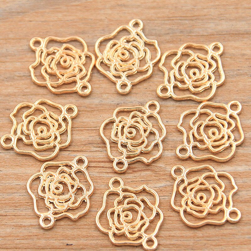 40Pcs 2 Kleur 13*16Mm Kc Goud Papier Rose Charms Plant Connector Metaallegering Diy Ketting Armband handwerk Markering Bevindingen: KC gold