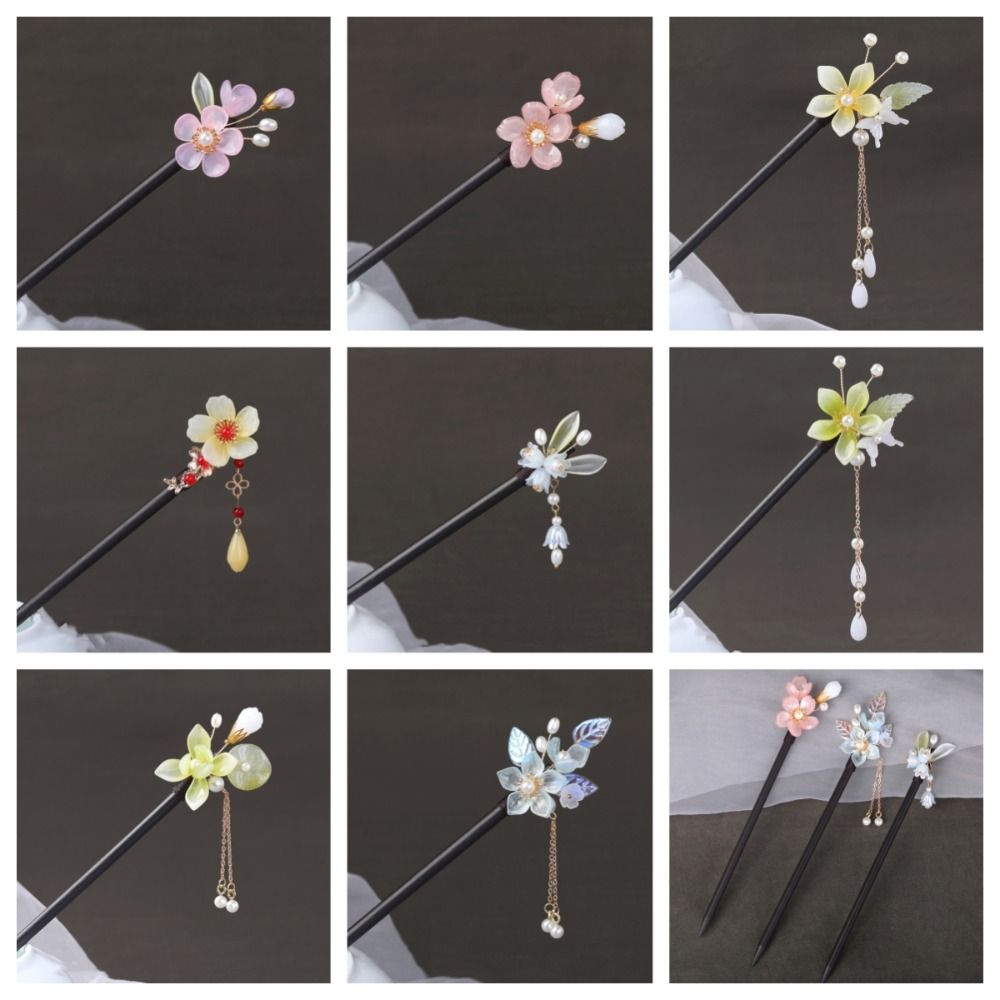 Tocados con borlas y flores, horquilla de madera para el cabello, horquilla para el cabello con perlas, accesorios para el cabello, horquilla Hanfu, palo para el cabello para niña