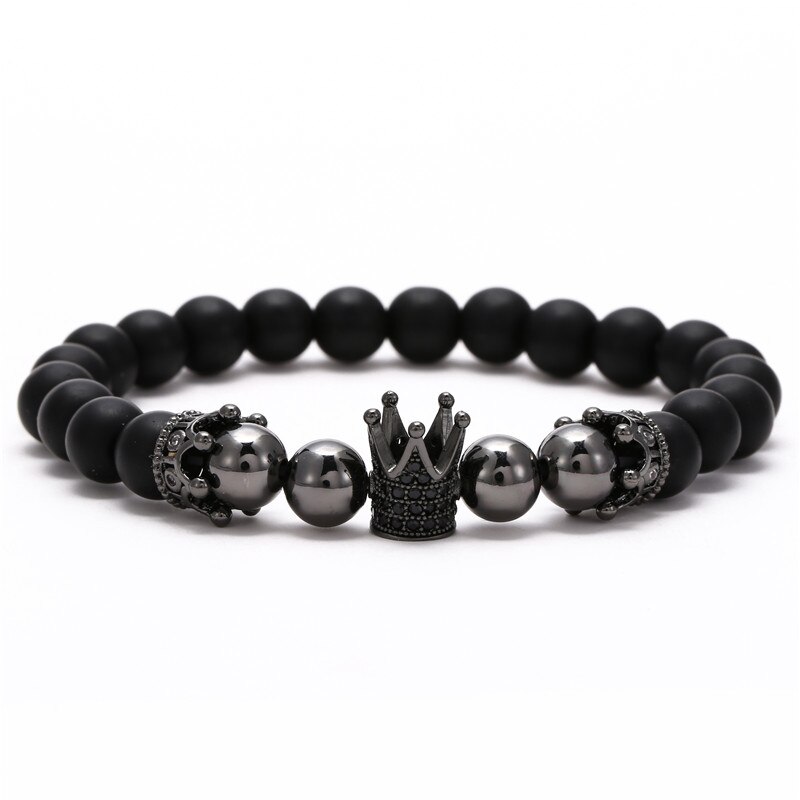 Pulsera de cobre hecha a mano para hombre y mujer, Micro CZ King crown, cuentas elásticas de 8mm, brazalete de joyería,