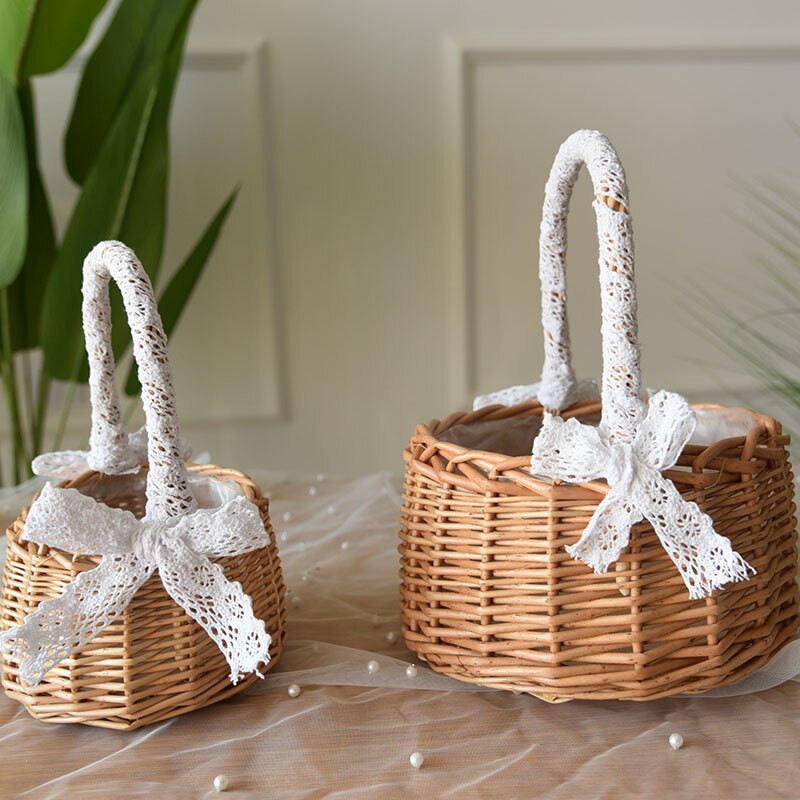 Wicker Woven Flower Basket Handle Wedding Flower Girl Baskets Candy Basket Storage Basket For Home Garden Decora