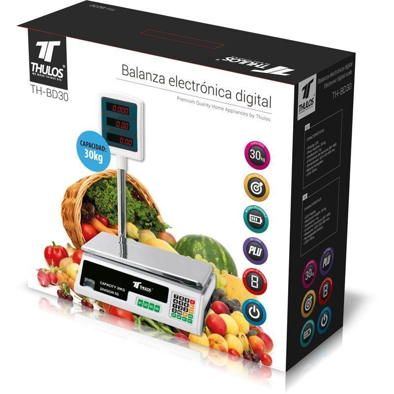 Thulos Balanza Digital Comercial Electrónica, Pantalla LED, 8 Funciones, Bascula TH-BD30, Capacidad de 30KG Batería Recargable