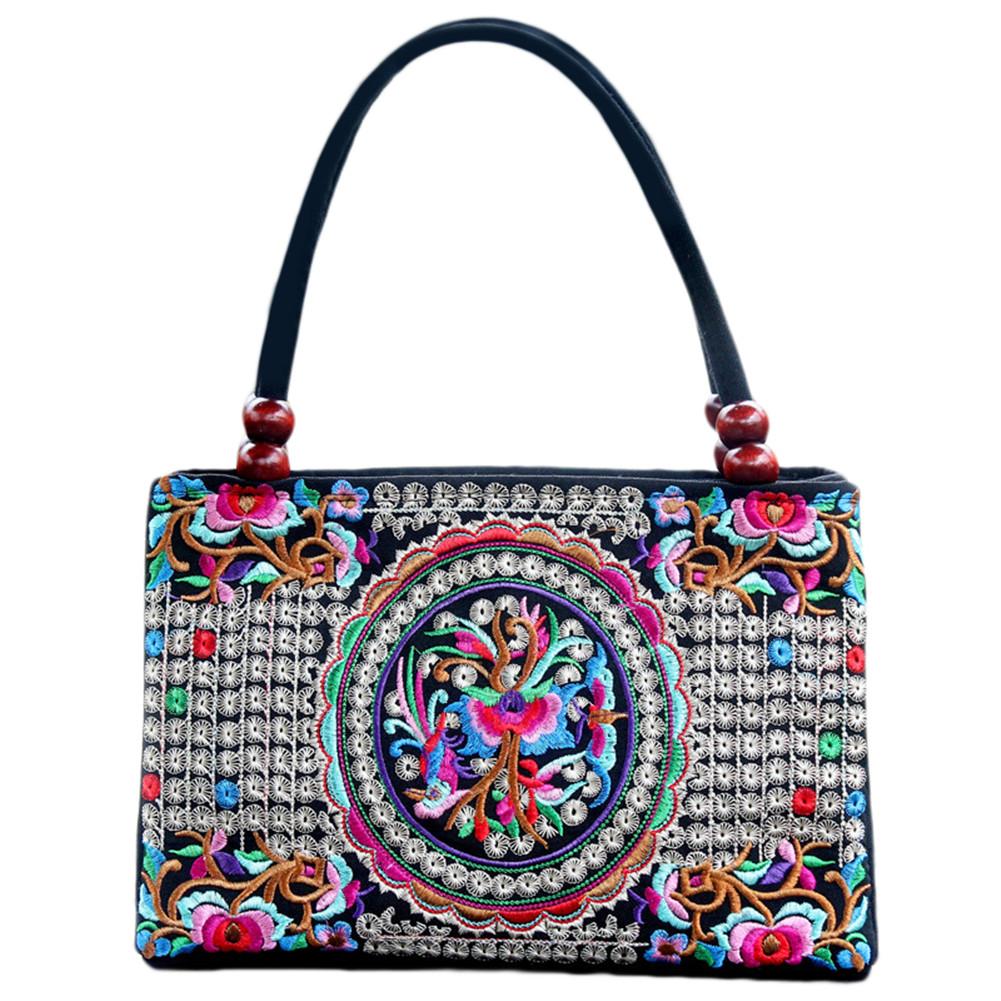 Women's Tote Bag - Floral Embroidered Canvas - Zipper Closure - Shoulder Top-Handle - Vintage Style: A