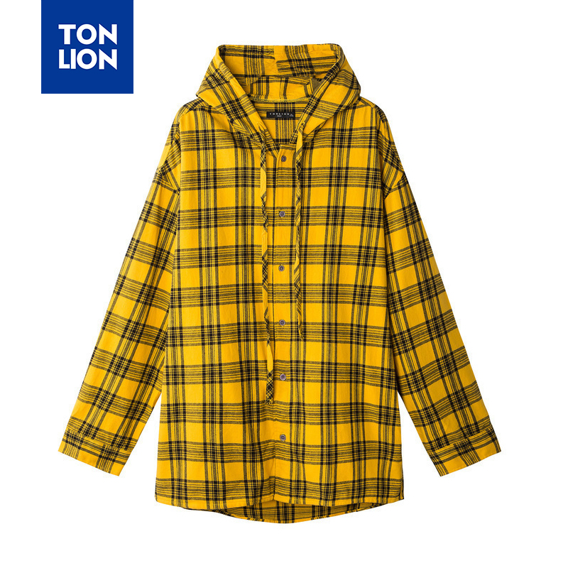 TONLION, camisa amarilla a cuadros para hombre, camisa para hombre con capucha, a la de manga larga Camisa con capucha, Tops sueltos casuales, camisa amarilla para hombre, Primavera: M