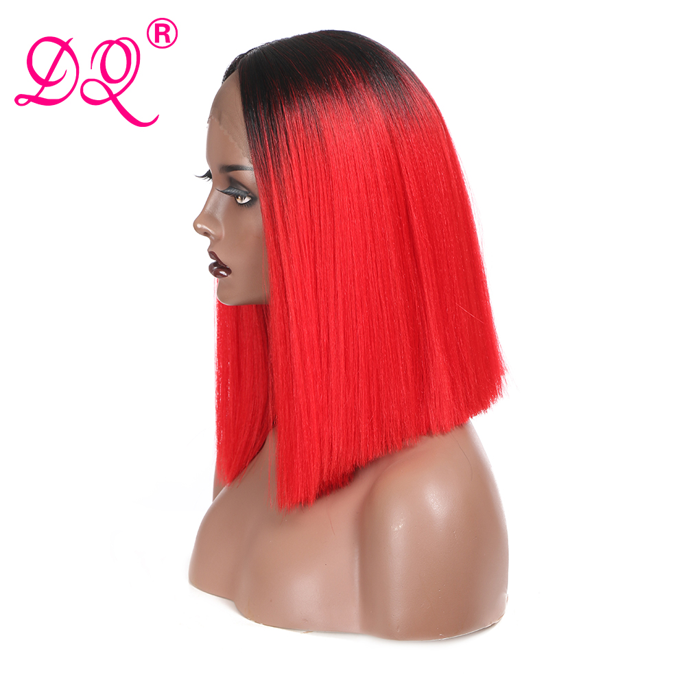 Dq Rechte Synthetische Lace Front Pruik Cosplay Pruik Korte Bob Pruik Ombre Rode Pruik Voor Vrouwen Midden Deel Hittebestendige 14 Inch Pruik