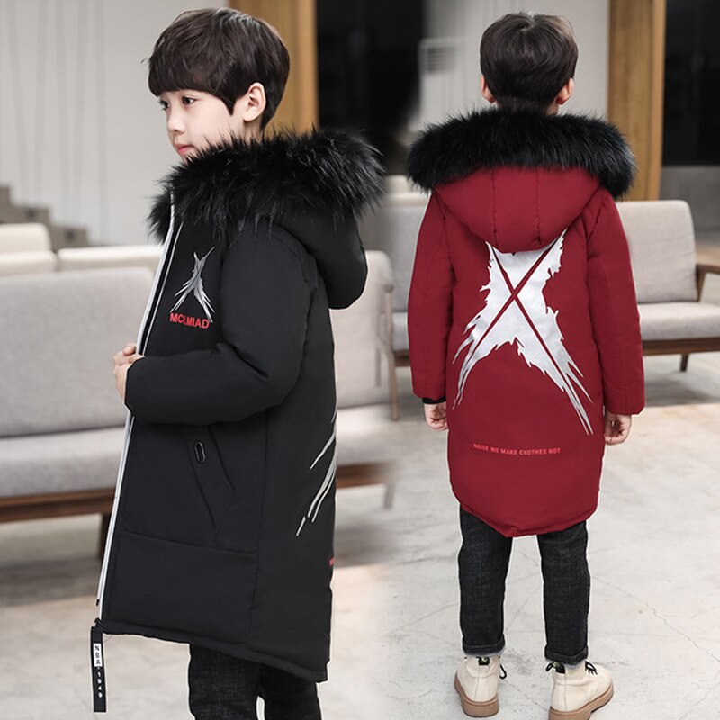 Veste d'hiver pour enfants garçons manteau en duvet solide moyen Long enfants Parka pour garçon noir col en fourrure à capuche épais vêtements d'extérieur TZ529