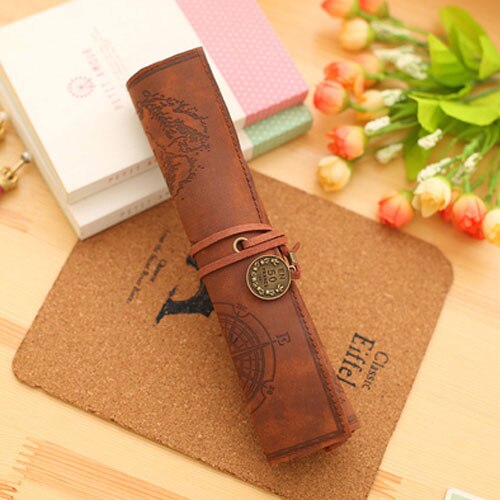 Retro Schatkaart Potlood Gevallen Luxe Roll Leer PU Pen Zak Pouch Voor Boy Girl School Briefpapier Levert Cosmetische Tas