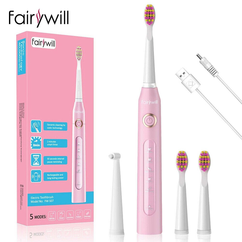 Fairywill Sonic Electric Toothbrush Rechargeable Smart Timer 5 Modes USB Charger Cleaning Brush Replacement 3 Brush Heads Adult: FW-ET507Pink