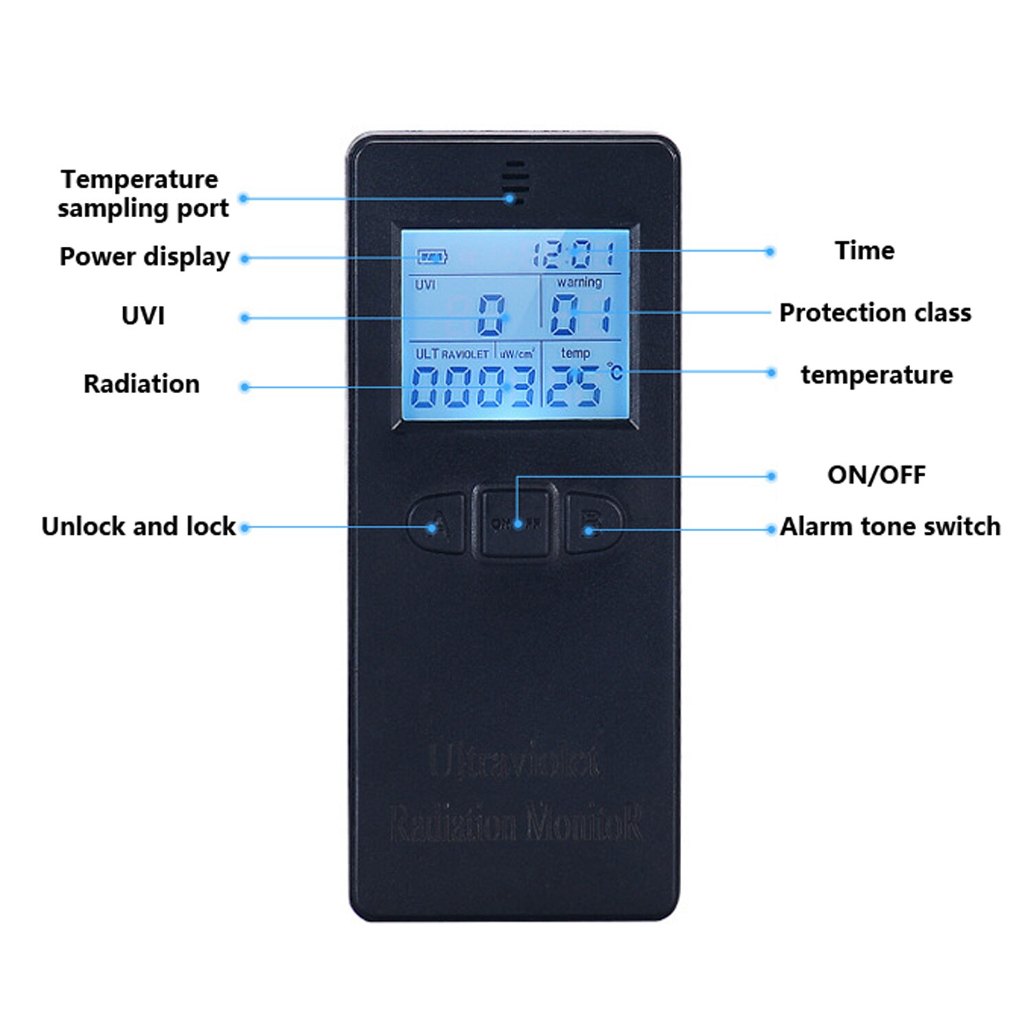 Portable Digital UV Ultraviolet Radiation Detector UV UVI Meter Radiometer Tester with Time and Temperature Display