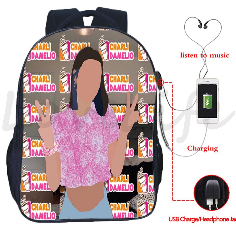 Plecak Charli Damelio plecak USB Design chłopcy dziewczęta torby szkolne mężczyźni kobiety dwuwarstwowy plecak na laptopa plecak podróżny USB: 3