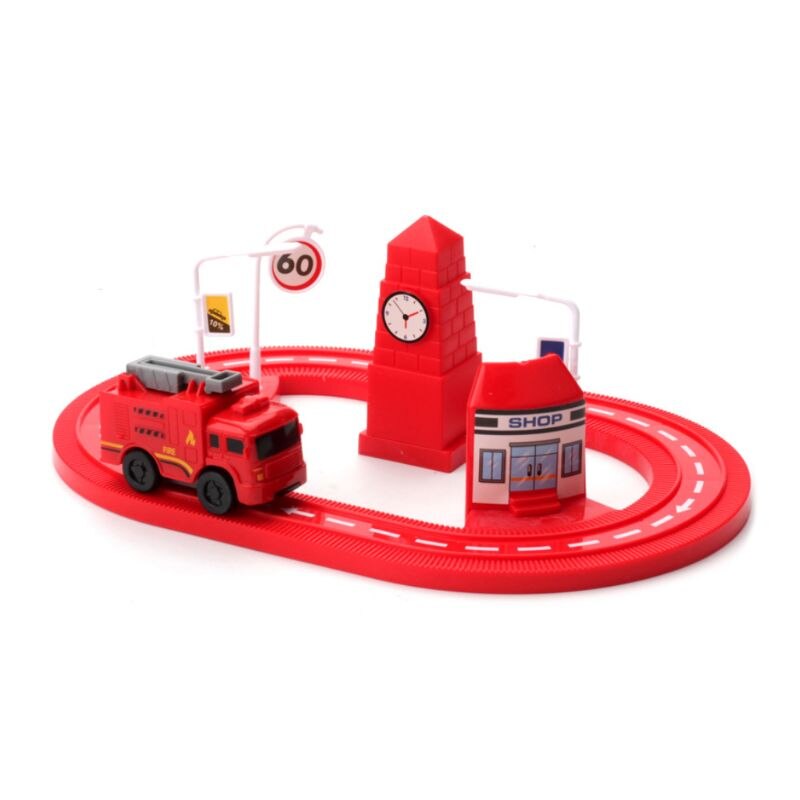 Creatieve Clockwork Wind-Up Track Brandweerwagen Auto Scènes Kinderen Kids Educatief Intelligent Speelgoed