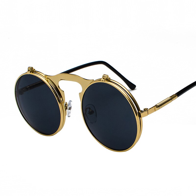 Retro metal steampunk flip solbriller flip solbriller moderigtige briller til mænd og kvinder med rund stel briller: Guld-sort