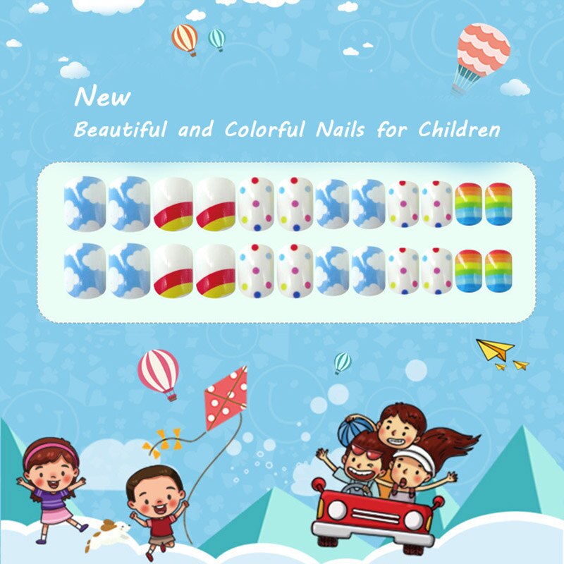 Boîte de faux-ongles courts à pression pour enfants, couverture complète, style différent avec un motif, 24 pièces/boîte, avec colle: style16