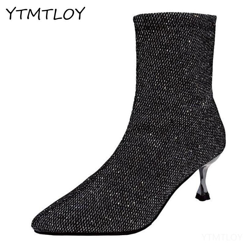 Vintersocka stövlar låg hög klack ankelboots lyx kvinnor desiger glitter korta boots festskor paljettduk