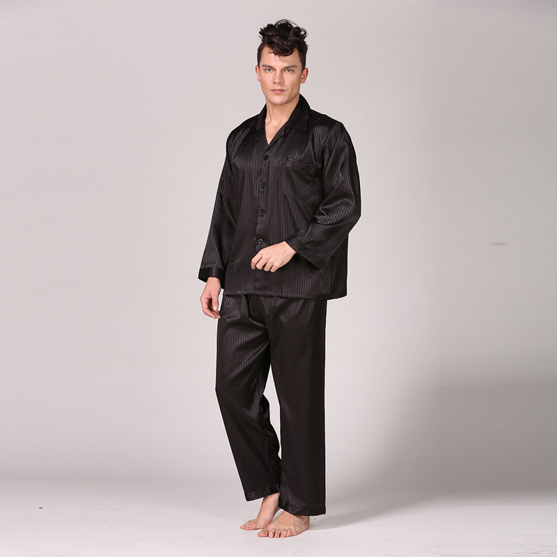 Pijama clásico de lujo con a rayas para hombre, ropa de dormir de manga larga, Tops, pantalones, Pijama de seda de hielo, conjunto