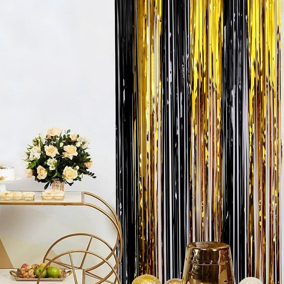 Cortina de fondo para , lámina metálica con flecos, brillo, decoración de pared para cumpleaños, boda, zona de fotos, color negro y dorado