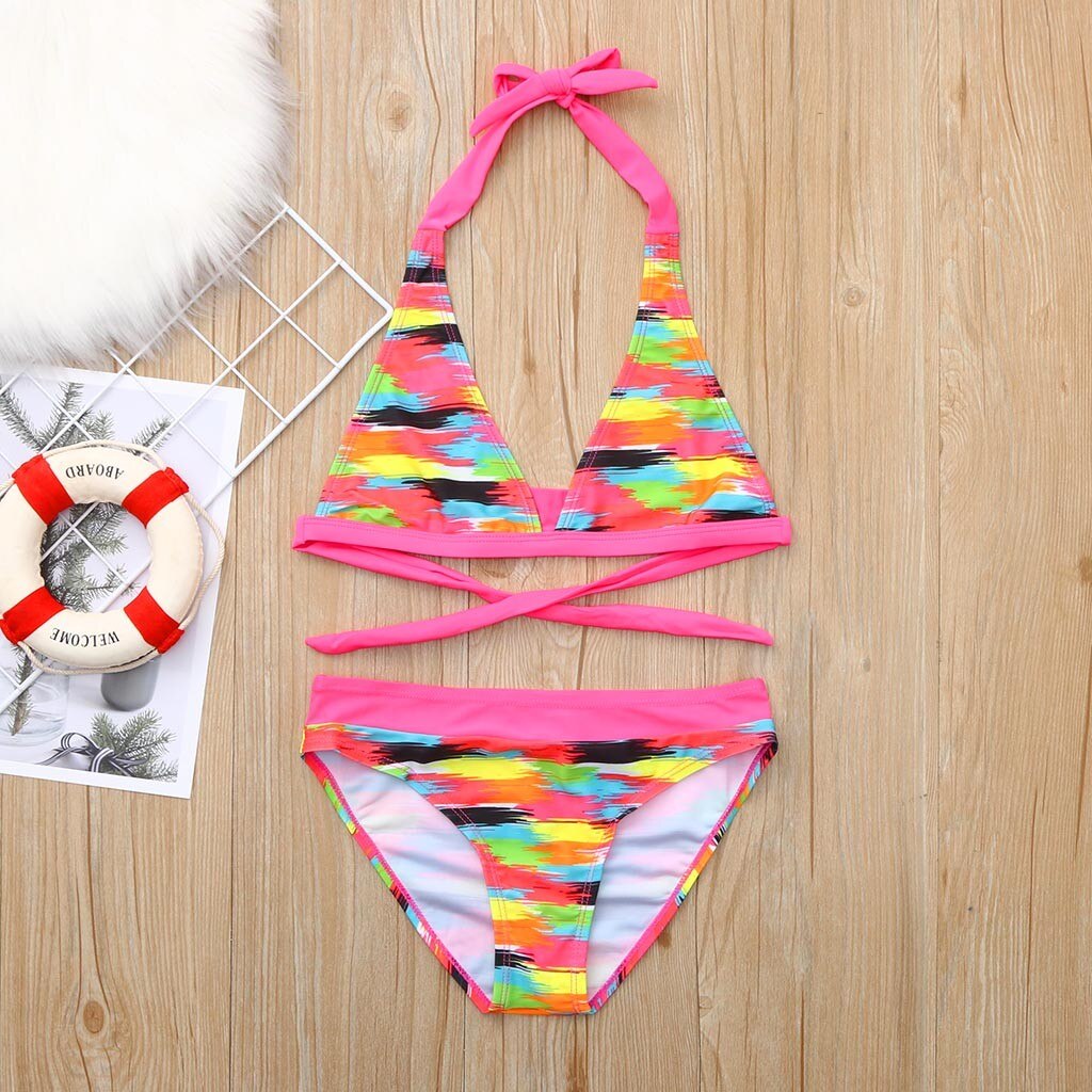 2pcs/set Girls Swimwear For Kids Printed Halter Sling Bikini+briefs Outfit Beach Pool Swimwear Two Piece Adjustable Beachwear