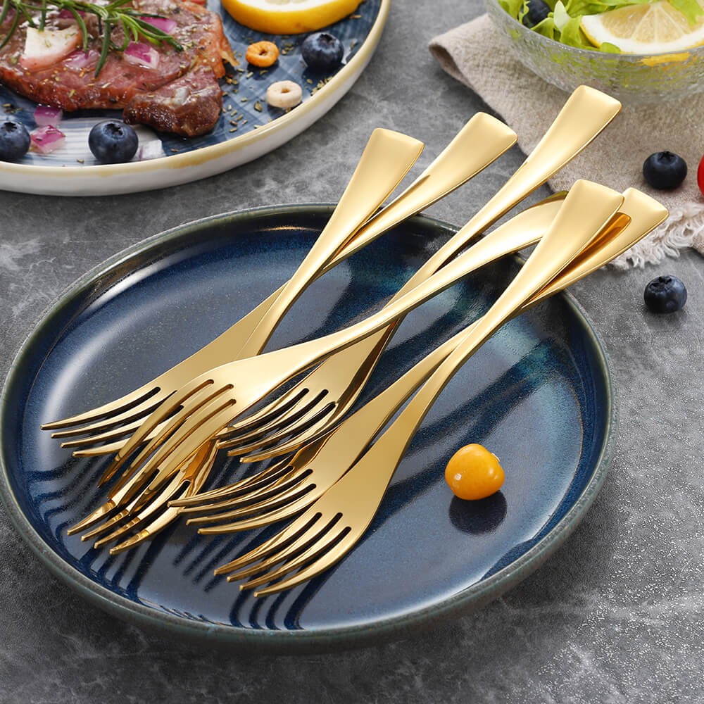 Juego de tenedor de cena de acero inoxidable, 4 colores, negro, oro rosa, tenedor para postre, vajilla, pulido con espejo, apto para lavavajillas, 6 uds.