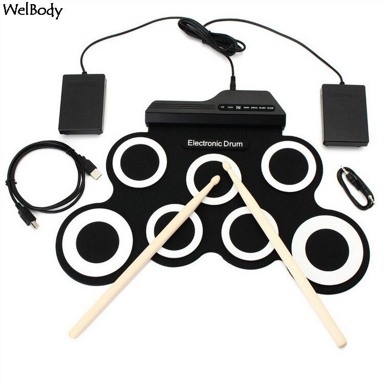 Portable Electronic Drum Digital USB 7 Pads Roll Up Drum Set Silicone Electric Drum Pad Kit With DrumSticks Foot Pedal: Bllack