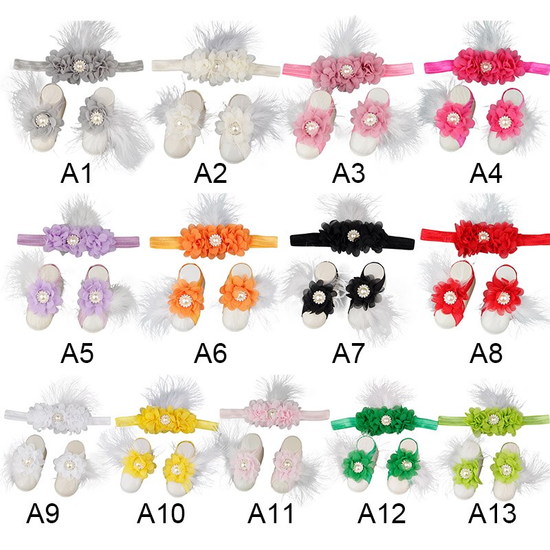 Baby Meisjes Bloem Sandaal Hoofdband Elastische Haarband & Peuter Barefoot Sandalen 1 Paar Baby Photo Prop Set