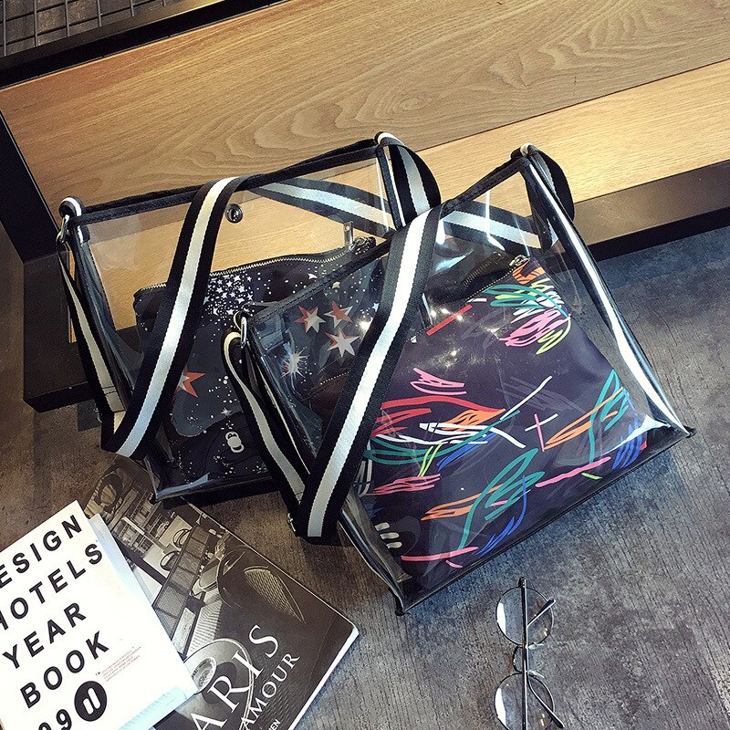 Women Transparent Beach Bag Female Two in one Shoulder Bag Large Summer Comfortable Clear bag