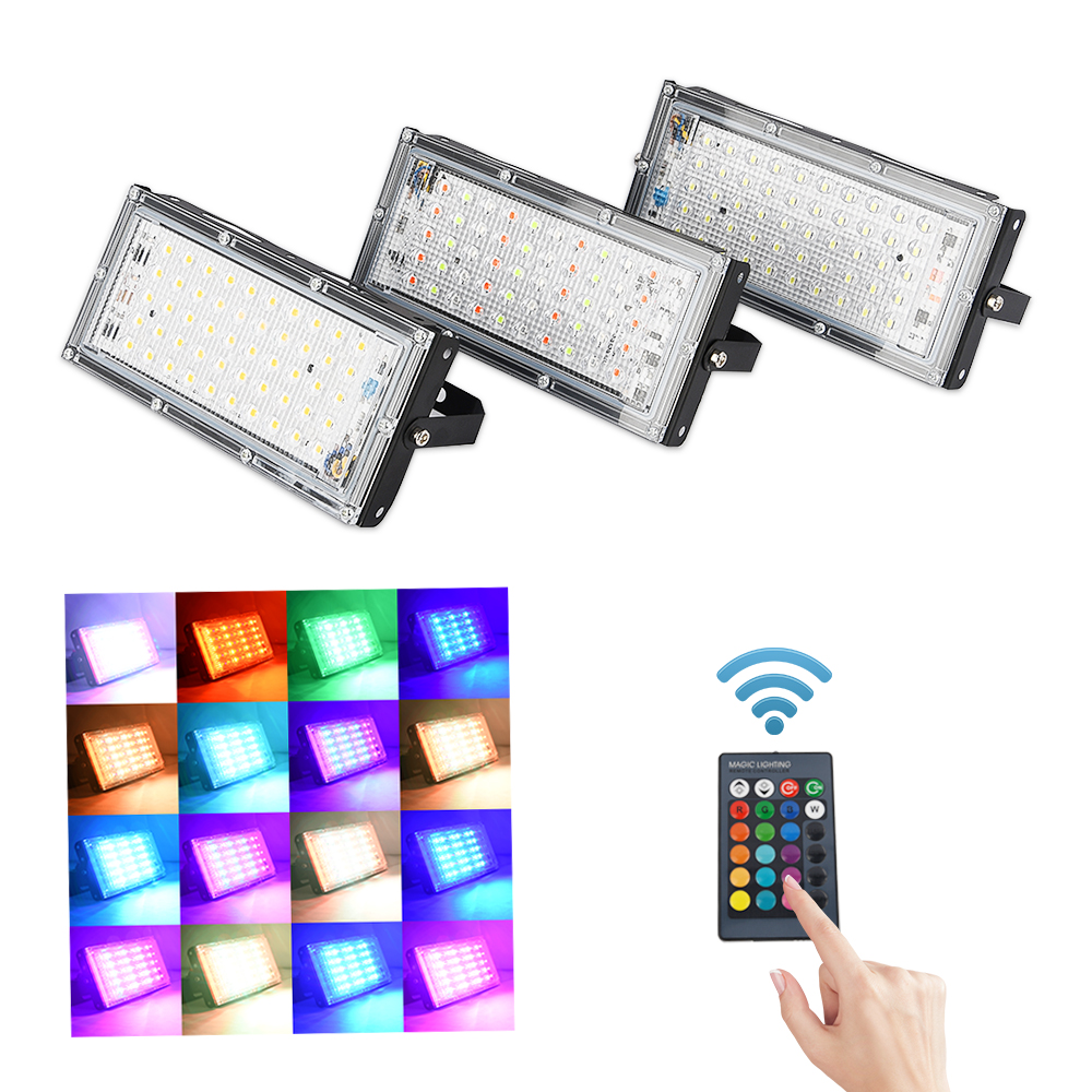 Led spotlight udendørs rgb flood light 50w ac220v vandtæt  ip66 reflektor væg projektor lampe med farve fjernbetjening