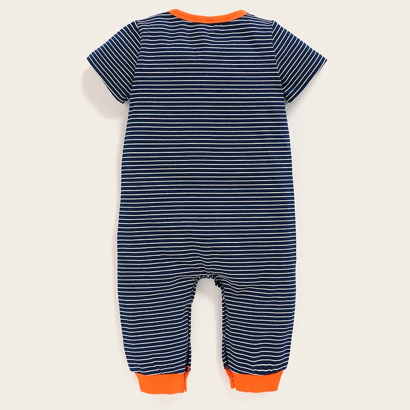 Letnia dziewczynka ubrania dziewczynka/chłopiec 0-24 miesięcy pajacyk dziecięcy z krótkim rękawem ciemny niebieski pasek kombinezon kreskówka wzór w lisa ubrania