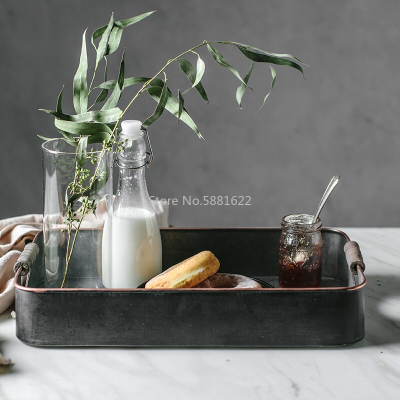 Rectangular Iron Serving Trays Antique Retro Metal Storage Sundries Tray Breakfast Bread Tea Serving Plate Decorative