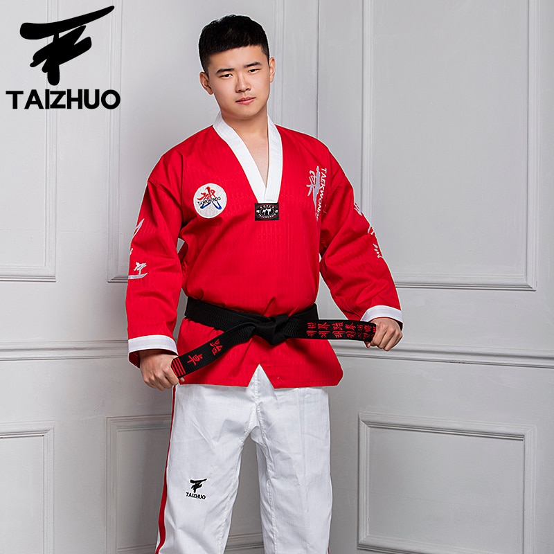 Uniforme de Taekwondo ropa de Karate WTF hombres mujeres niños adolescentes ropa de Taekwondo ropa con mangas largas rojo negro