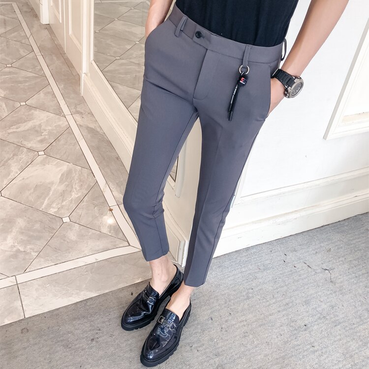 Korean Men Suit Pants Business Formal Pants for Men Slim Fit Ankle Length Dress Pants Men Clothing All Match 34-28: Haze blue / 34