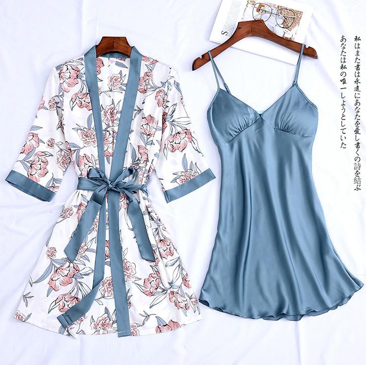 Lady Print Bloem Nighty & Robe Pak Nachtkleding Zijdeachtig Satijn Nachtkleding Kimono Badjas Gown Casual Nachtjapon Thuis Kleding: XXL / Ivoor