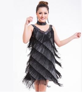 Sexy V-Neck Women's Flapper Dress 1920s Tassel Cocktail Fringe Dress party costumes: black silver