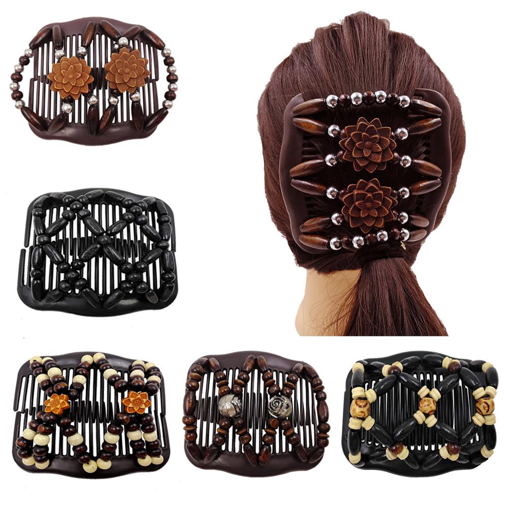 Retro Frauen Holz Doppel Perlen Haar Magie Kamm Maker Brötchen DIY Frisur, Der Werkzeug Elastische Haarnadel Damen Haar Clip Zubehör