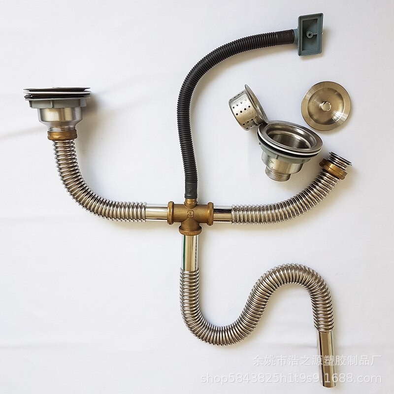 Kitchen Double Sink Stainless Steel Drainer Copper T-connector Spill-Proof Double Water Washing Basin Sewer Pipe Water Tank Drai