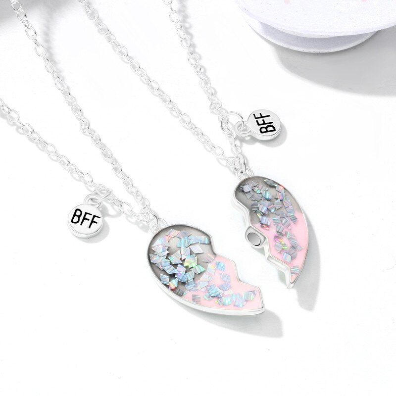 Sequin Stitching Heart Broken Best Friends Necklace Pendant Chain Necklaces BFF Friendship Jewelry for Unisex 2PCS