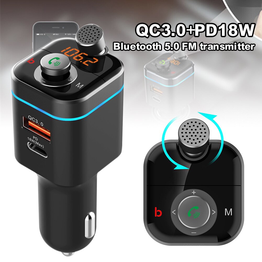 Car Bluetooth 5.0 FM Transmitter Microphone Wireless Car Charger Hands Free Call Type-c PD 18W & QC3.0 Fast Charging MP3 Player