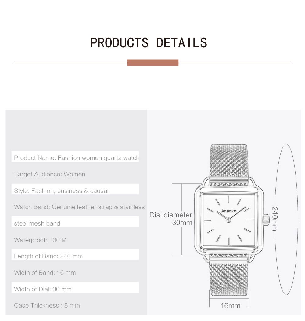 Ananke – montres à Quartz pour femmes, en acier inoxydable, bracelet en maille, étanche, carré or Rose, cadran Simple, AN25