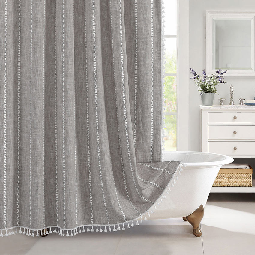 Jacquard-Leinen-Duschvorhang mit Quasten, nordische wasserdichte dicke Badvorhänge für Badezimmer, Badewanne, Badeabdeckung mit Haken